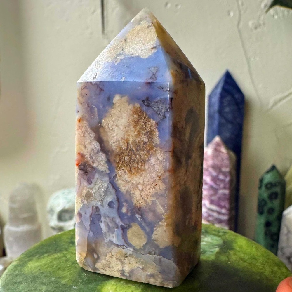 Carved Natural Blue Flower Agate Tower or Point